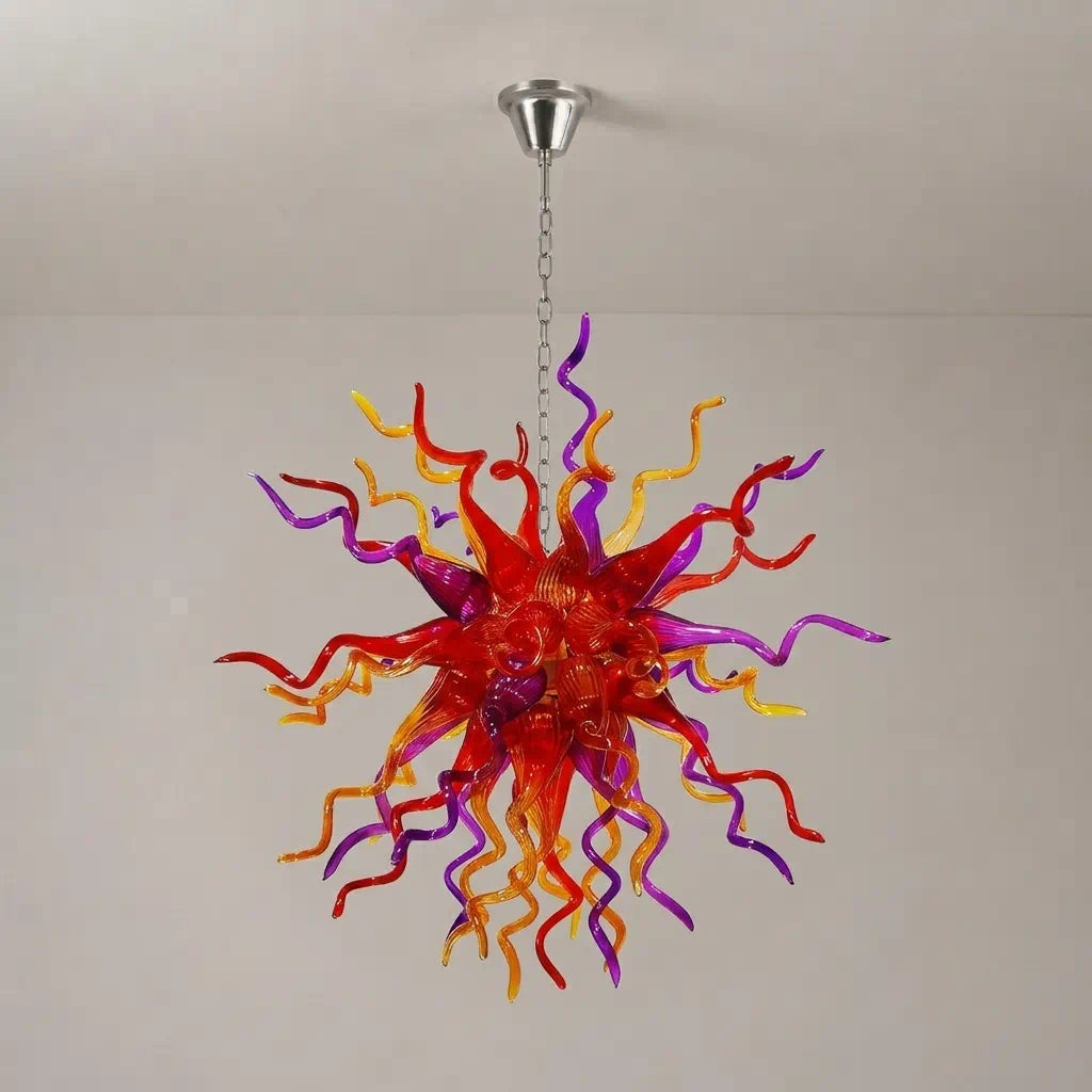 Multicolor Hand-Blown Glass Art Starburst Chandelier Red Orange & Purple Flame Sculptural Glass Pendant Light