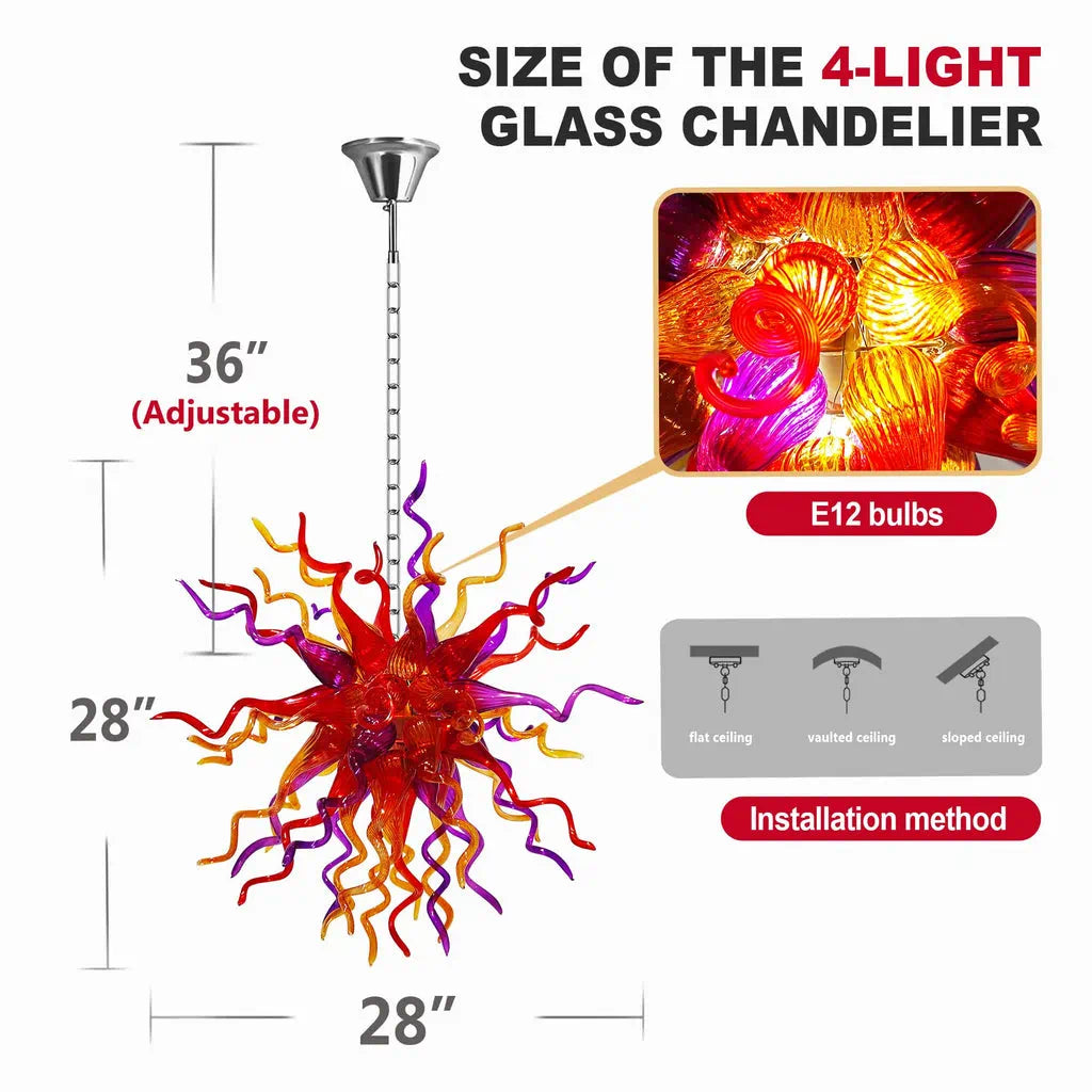 Multicolor Hand-Blown Glass Art Starburst Chandelier Red Orange & Purple Flame Sculptural Glass Pendant Light