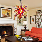 Multicolor Hand-Blown Glass Art Starburst Chandelier Red Orange & Purple Flame Sculptural Glass Pendant Light