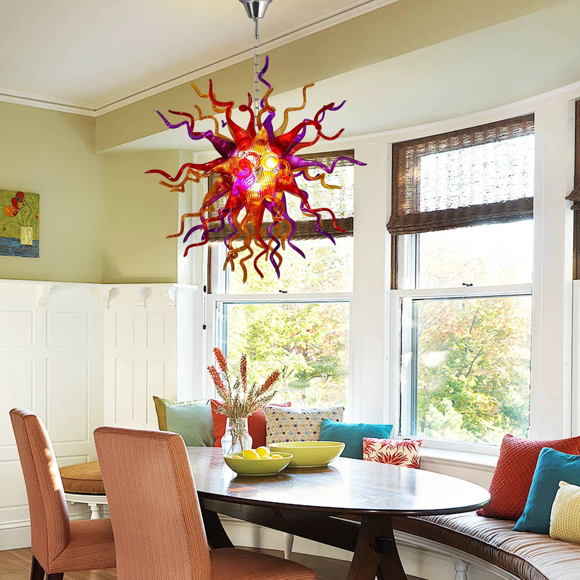 Multicolor Hand-Blown Glass Art Starburst Chandelier Red Orange & Purple Flame Sculptural Glass Pendant Light