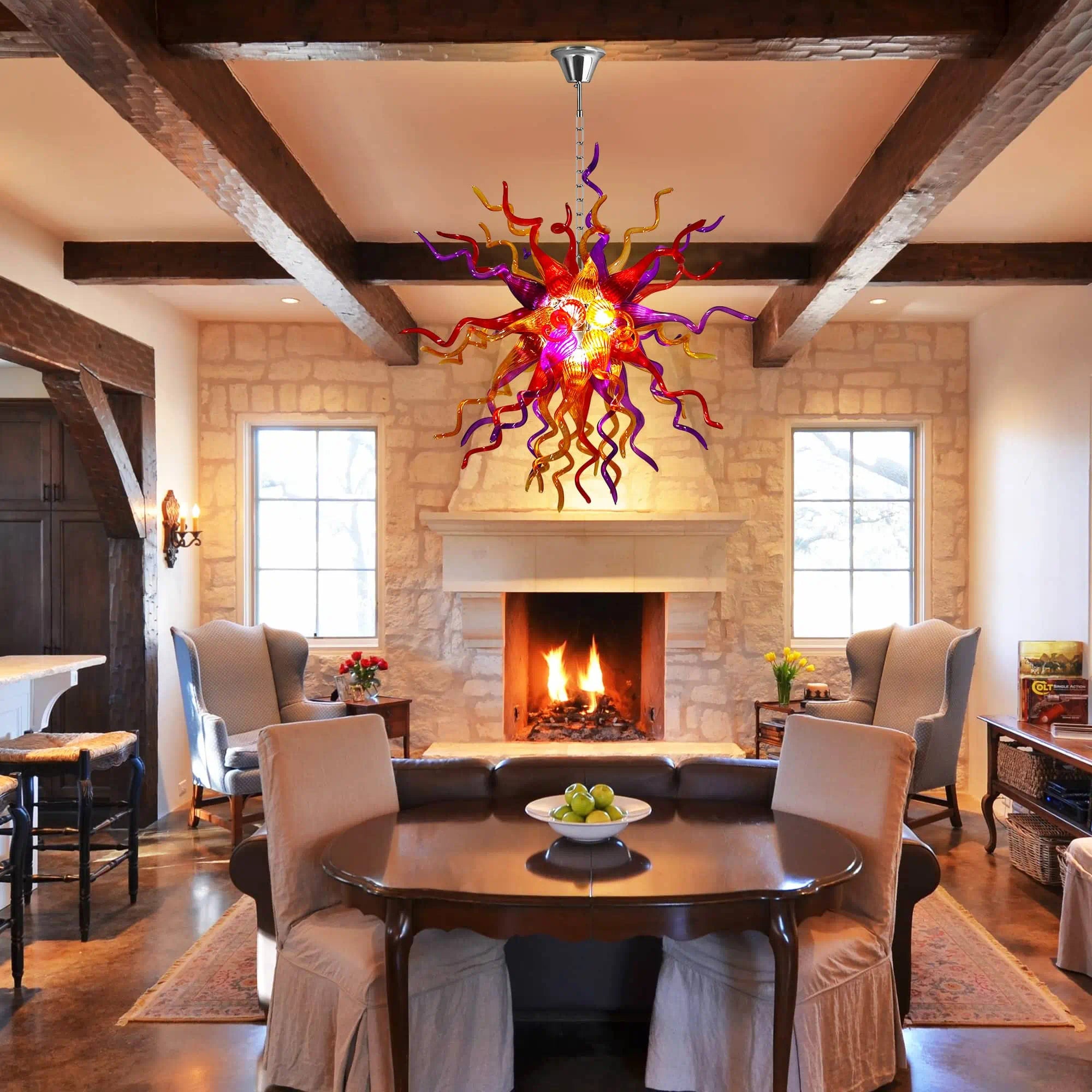Multicolor Hand-Blown Glass Art Starburst Chandelier Red Orange & Purple Flame Sculptural Glass Pendant Light