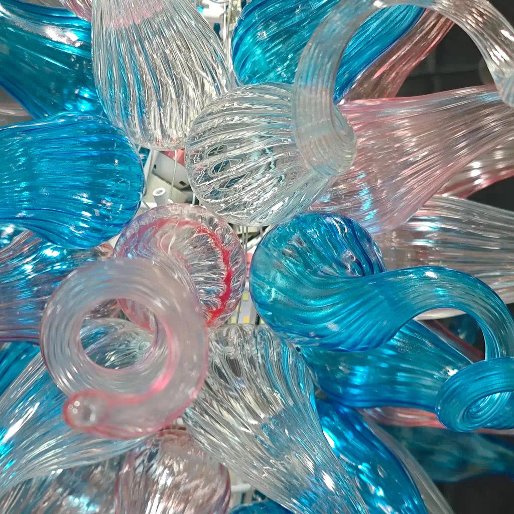 Hand-Blown Blue & Clear Glass Starburst Chandelier Artistic Sculptural Pendant Light