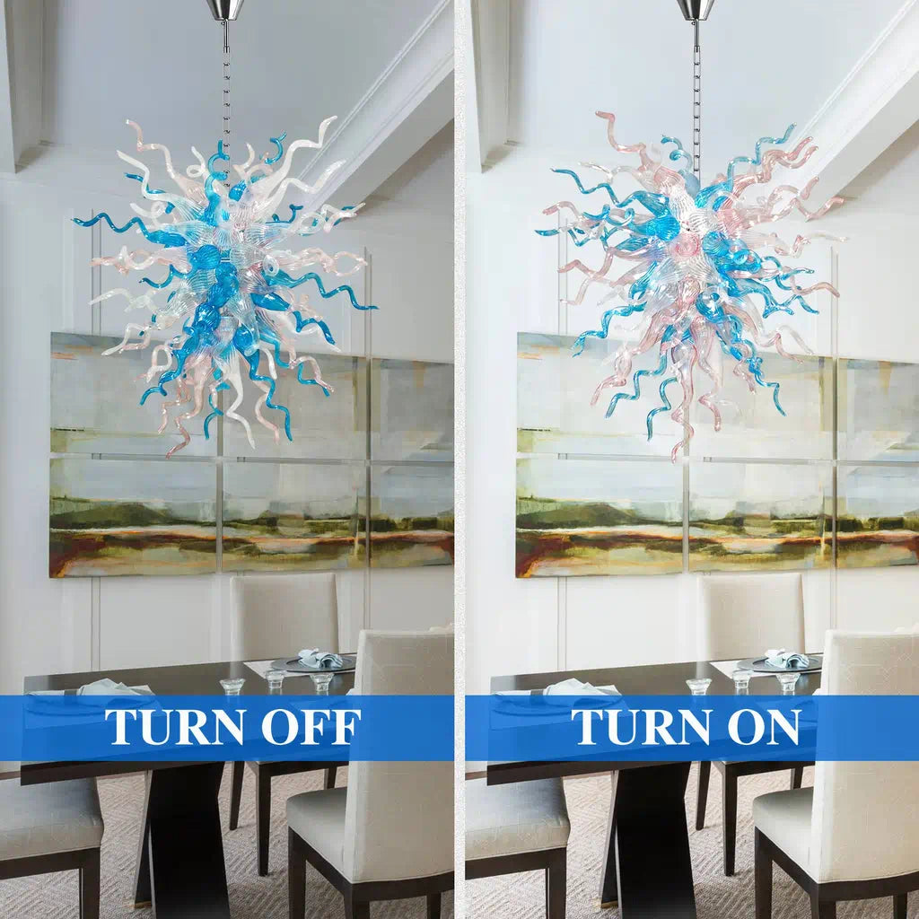 Hand-Blown Blue & Clear Glass Starburst Chandelier Artistic Sculptural Pendant Light