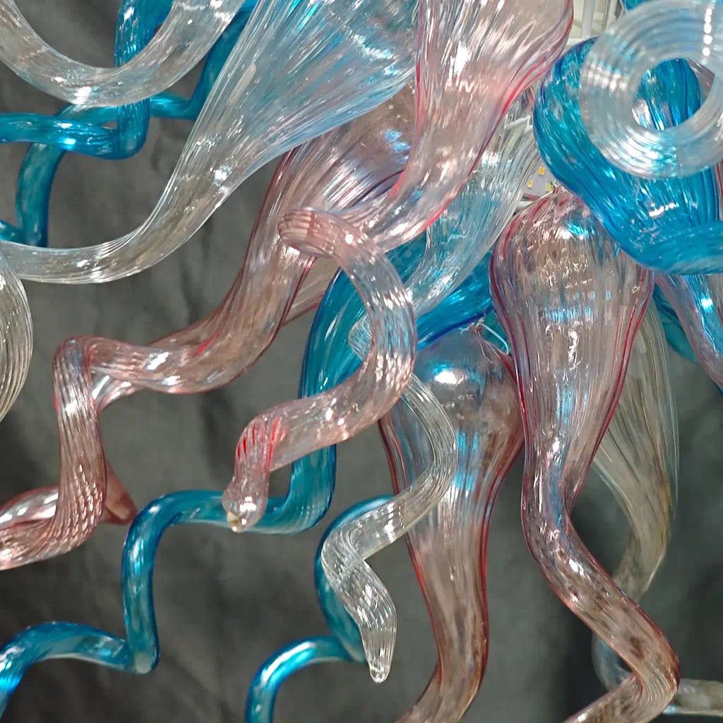 Hand-Blown Blue & Clear Glass Starburst Chandelier Artistic Sculptural Pendant Light
