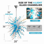 Hand-Blown Blue & Clear Glass Starburst Chandelier Artistic Sculptural Pendant Light