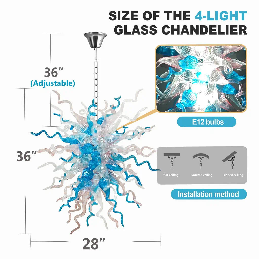 Hand-Blown Blue & Clear Glass Starburst Chandelier Artistic Sculptural Pendant Light
