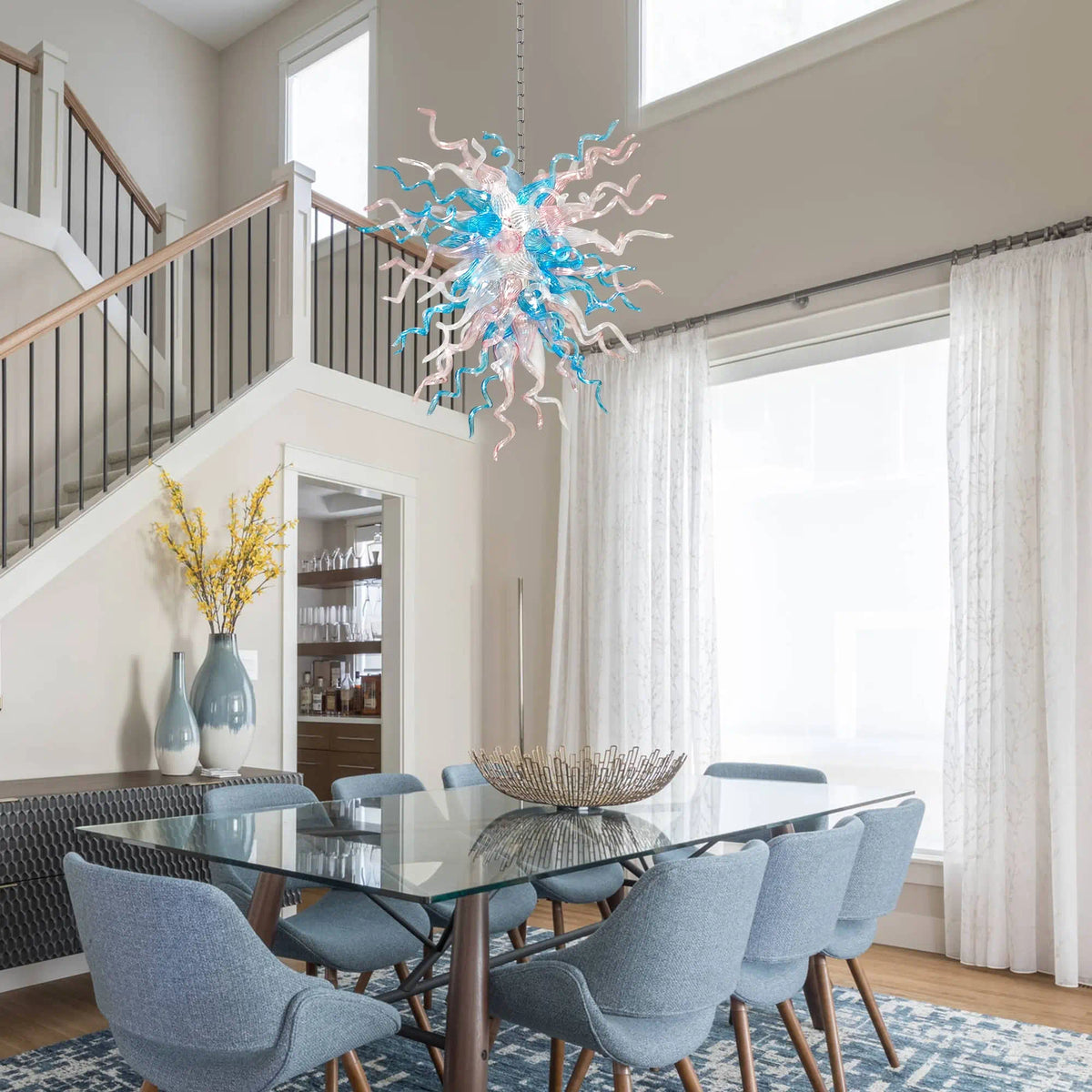 Hand-Blown Blue & Clear Glass Starburst Chandelier Artistic Sculptural Pendant Light