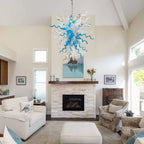 Hand-Blown Blue & Clear Glass Starburst Chandelier Artistic Sculptural Pendant Light
