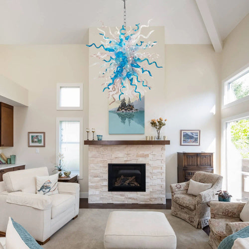 Hand-Blown Blue & Clear Glass Starburst Chandelier Artistic Sculptural Pendant Light