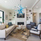 Hand-Blown Blue & Clear Glass Starburst Chandelier Artistic Sculptural Pendant Light