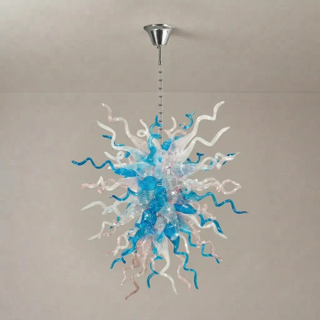 Hand-Blown Blue & Clear Glass Starburst Chandelier Artistic Sculptural Pendant Light