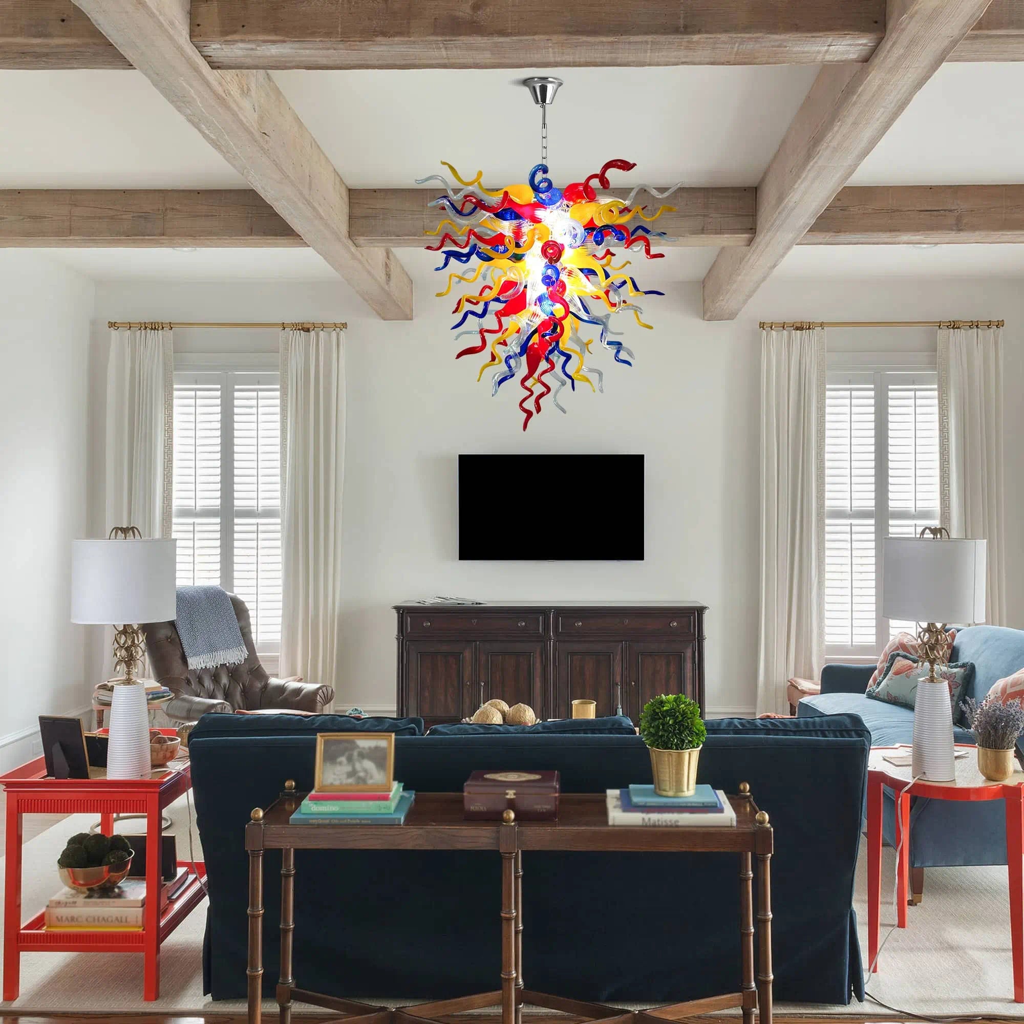 Luxury Multicolor Hand-Blown Glass Art Chandelier Chihuly-Style Curled Spirals Glass Pendant Light