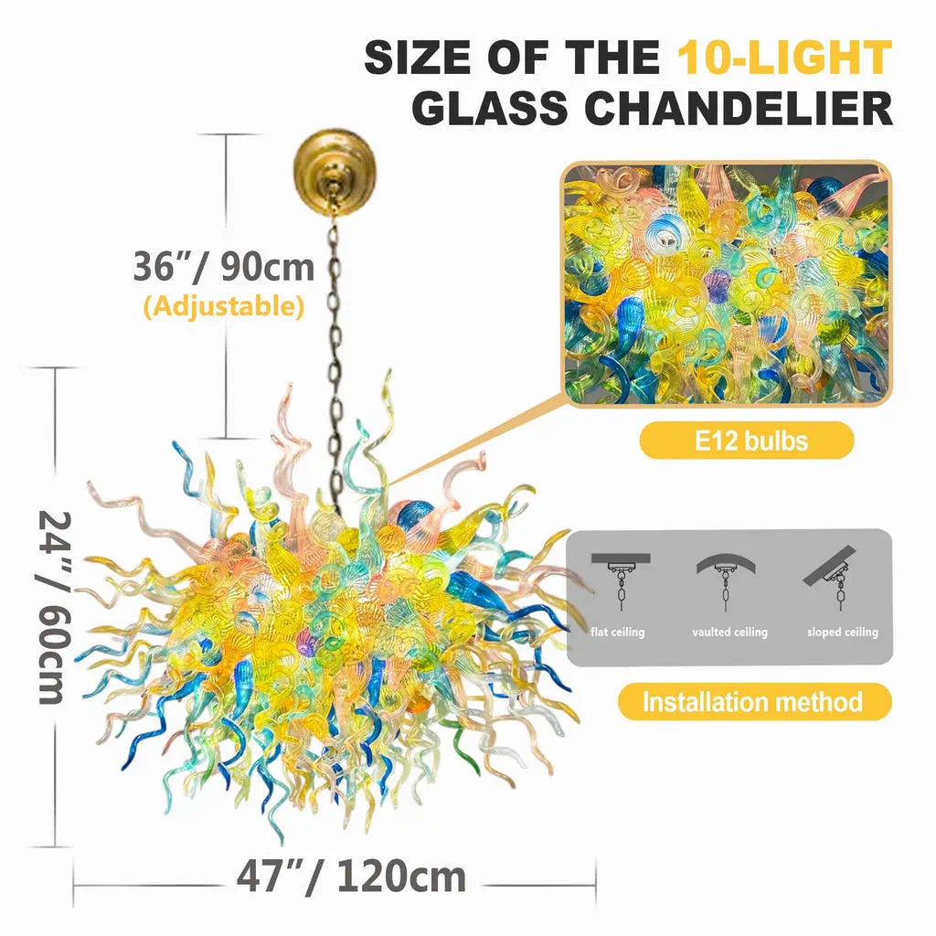 Colorful Oval Shape Hand-Blown Sculptural Glass Chandelier Chihuly-Style Stained Glass Spiral Art Pendant Light