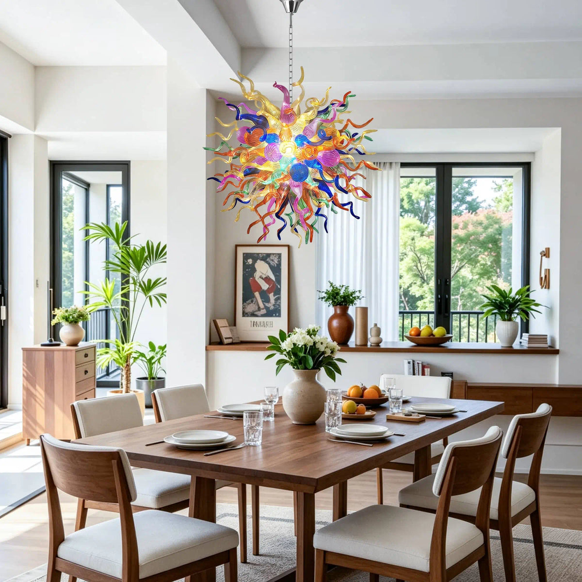Multi Colors Sunburst Blown Glass Chandelier Chihuly Style Vibrant Art Glass Starburst Pendant Light