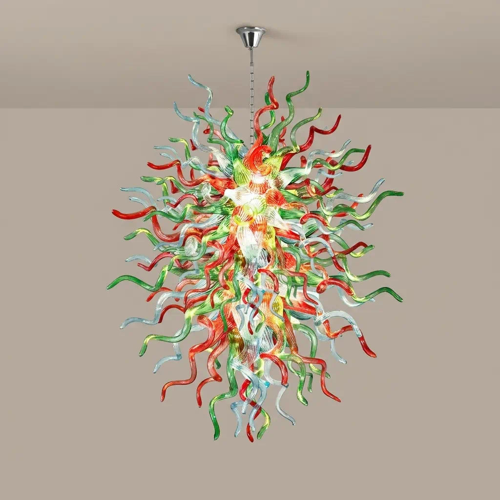 Colorful Chihuly-Style Artisan Blown Glass Chandelier Contemporary Green Red Aqua Blue Glass Sculptural Pendant Light