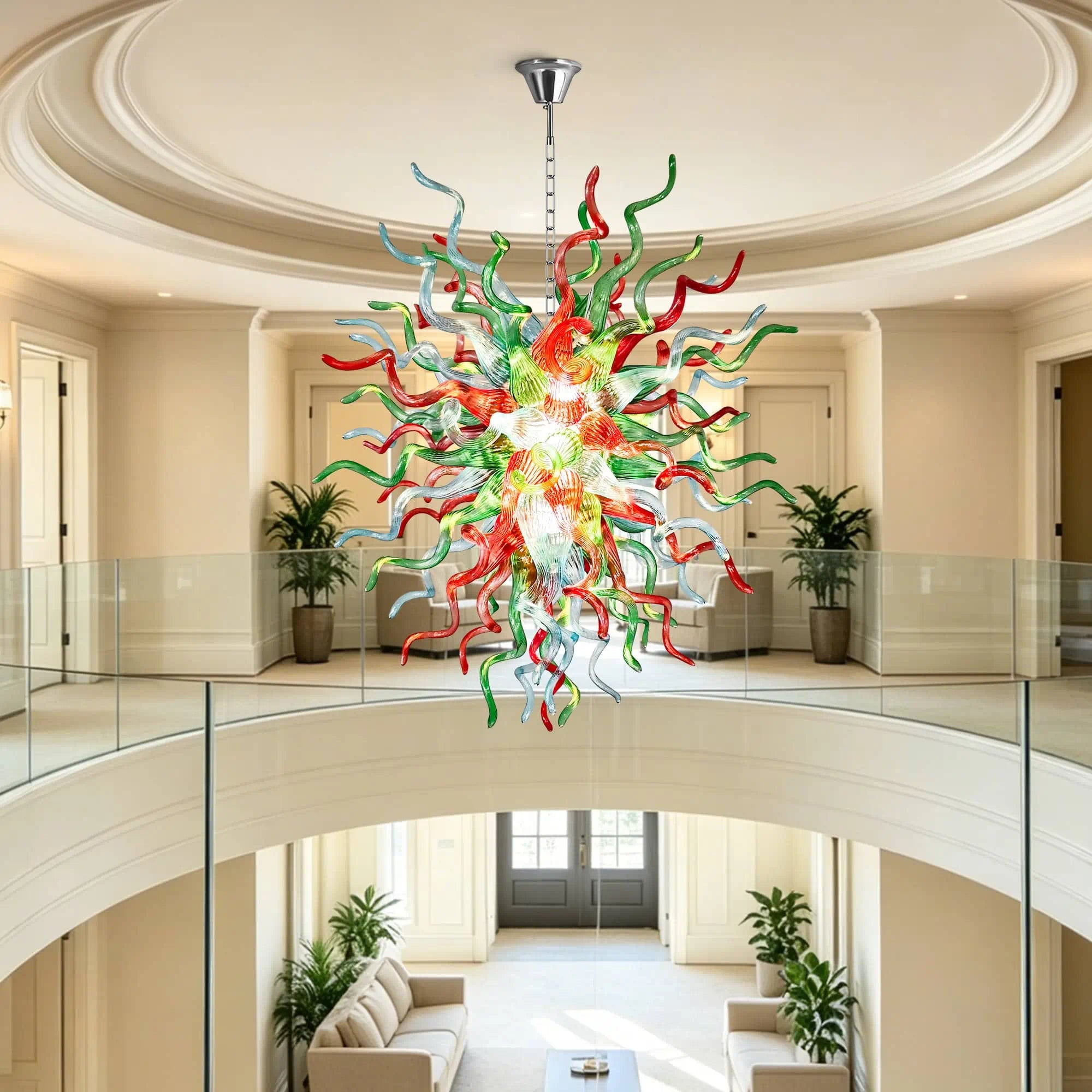 Colorful Chihuly-Style Artisan Blown Glass Chandelier Contemporary Green Red Aqua Blue Glass Sculptural Pendant Light