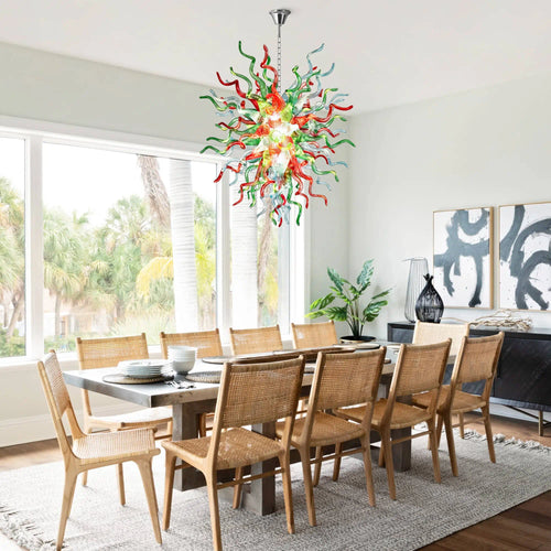 Colorful Chihuly-Style Artisan Blown Glass Chandelier Contemporary Green Red Aqua Blue Glass Sculptural Pendant Light