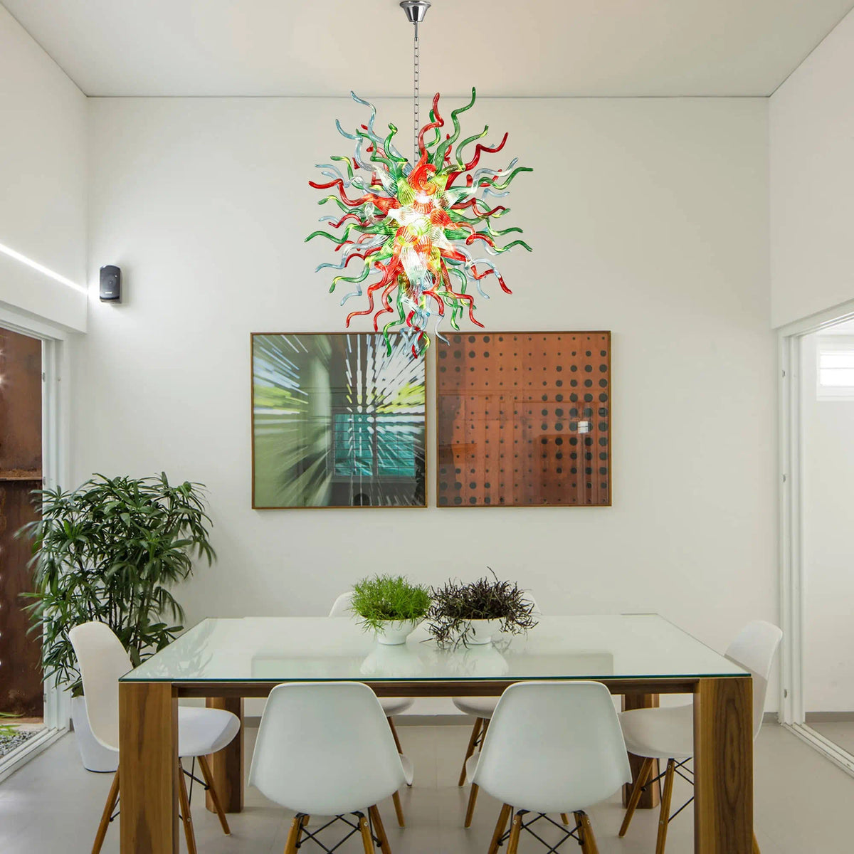 Colorful Chihuly-Style Artisan Blown Glass Chandelier Contemporary Green Red Aqua Blue Glass Sculptural Pendant Light