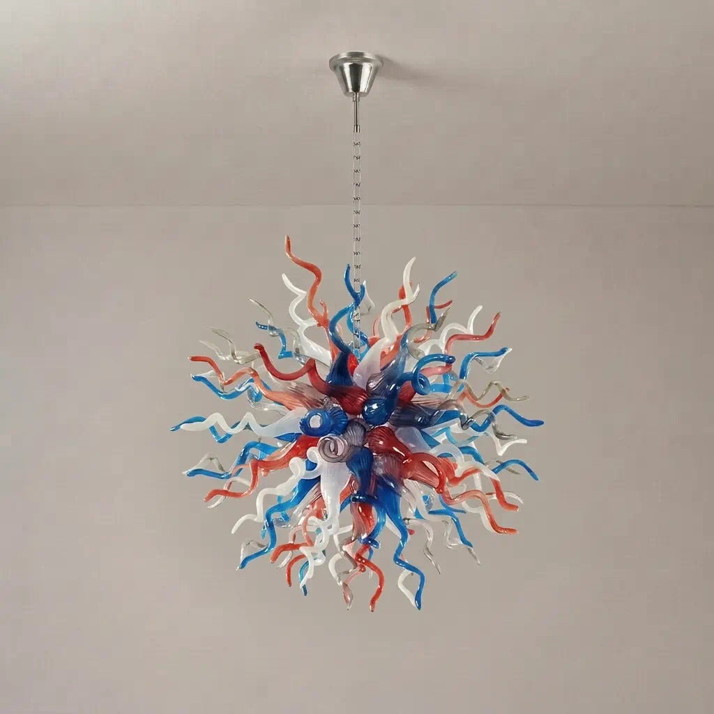 Radiating starburst Artisan Blown Glass Chandelier Multicolor Chihuly-Style Sculptural Pendant Light