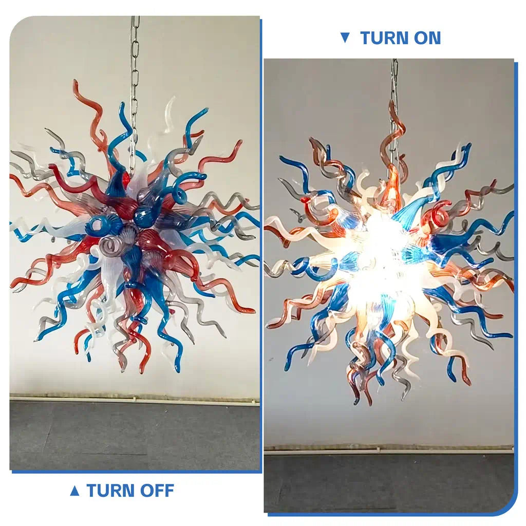 Radiating starburst Artisan Blown Glass Chandelier Multicolor Chihuly-Style Sculptural Pendant Light