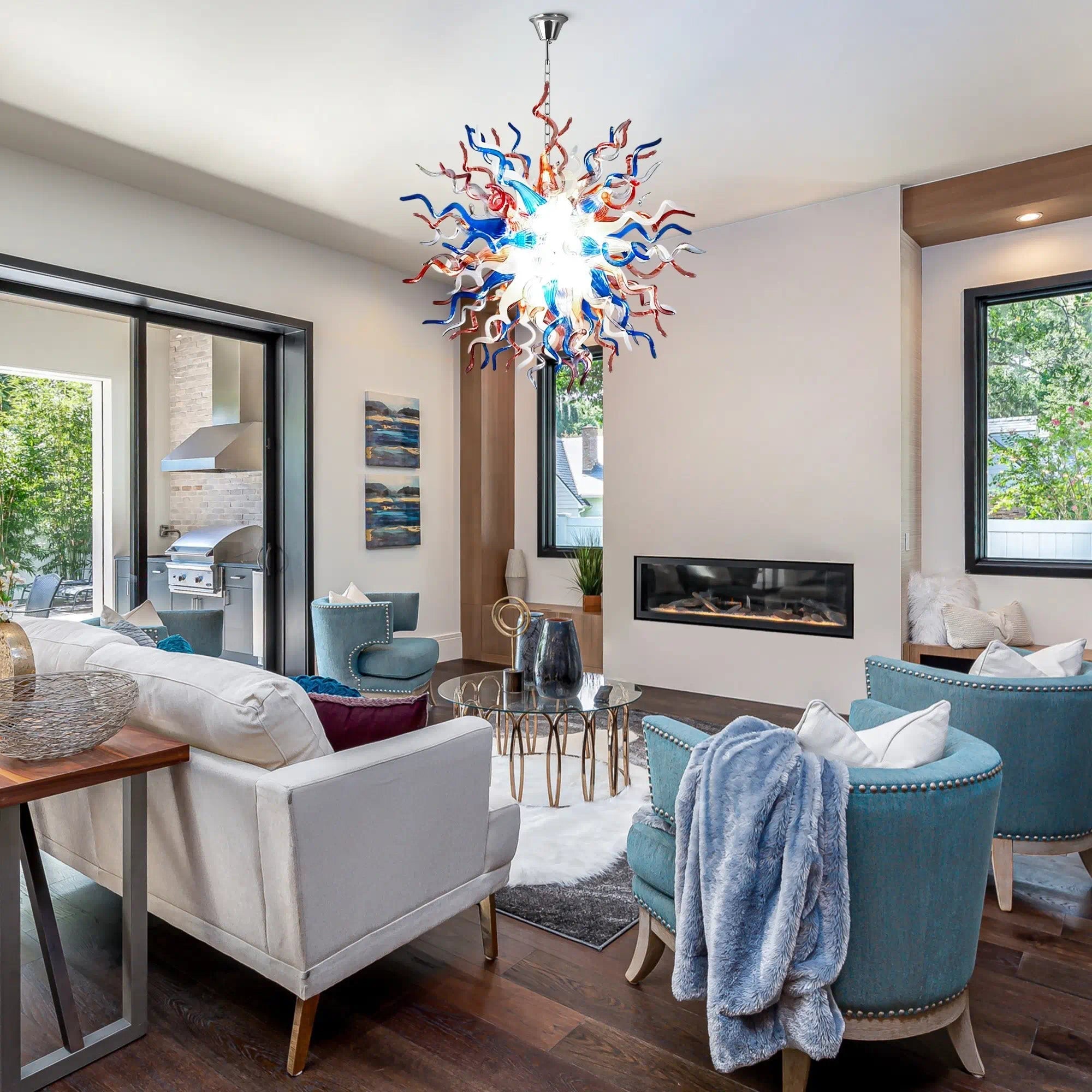 Radiating starburst Artisan Blown Glass Chandelier Multicolor Chihuly-Style Sculptural Pendant Light