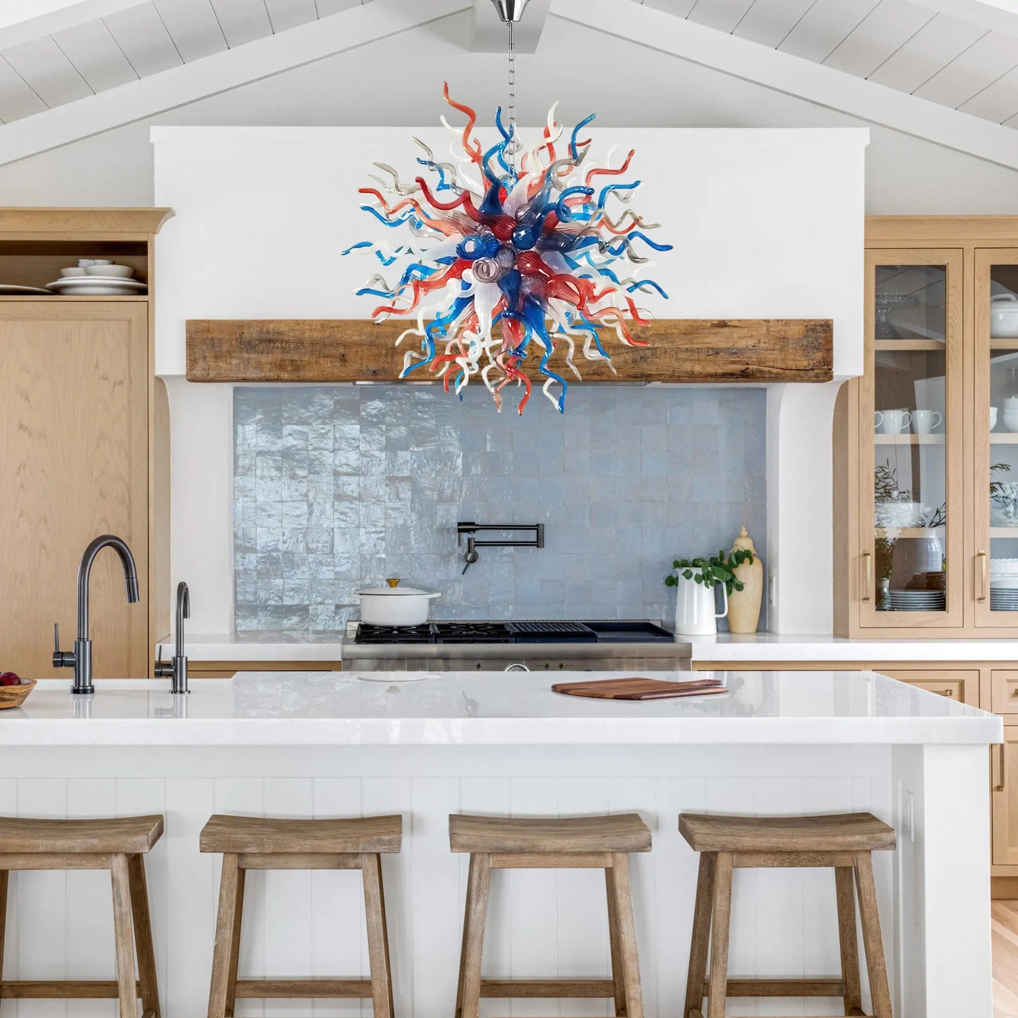 Radiating starburst Artisan Blown Glass Chandelier Multicolor Chihuly-Style Sculptural Pendant Light