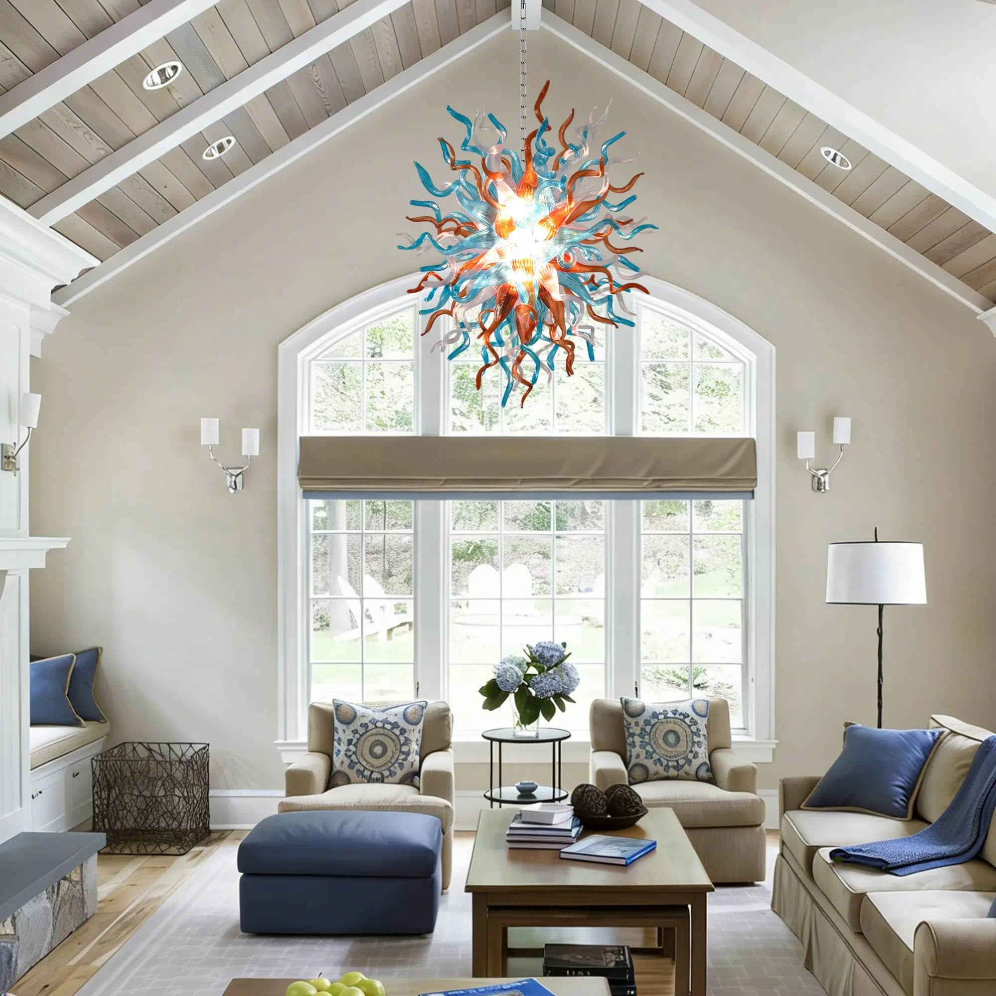 Artisan Multicolor Blown Glass Chandelier Chihuly-Style Sculptural Starburst Glass Pendant Lighting