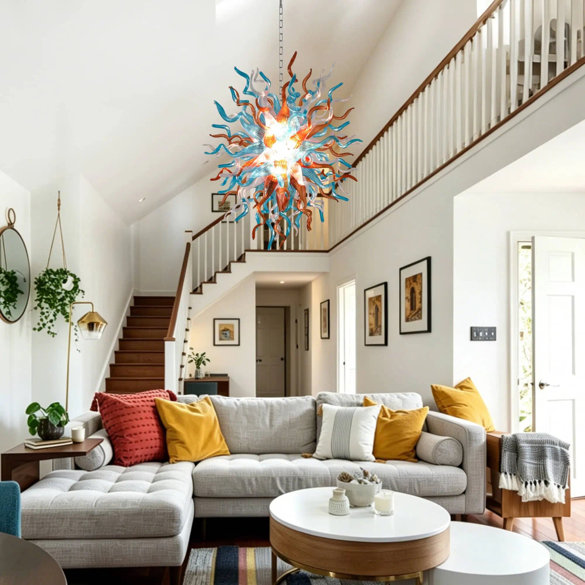 Artisan Multicolor Blown Glass Chandelier Chihuly-Style Sculptural Starburst Glass Pendant Lighting