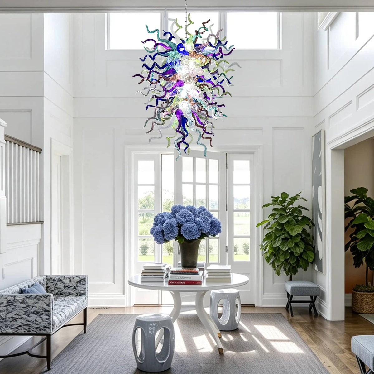 Chihuly Style Blue and Lavender Sculptural Art Blown Glass Chandelier Modern Multi-Tone Pendant Light