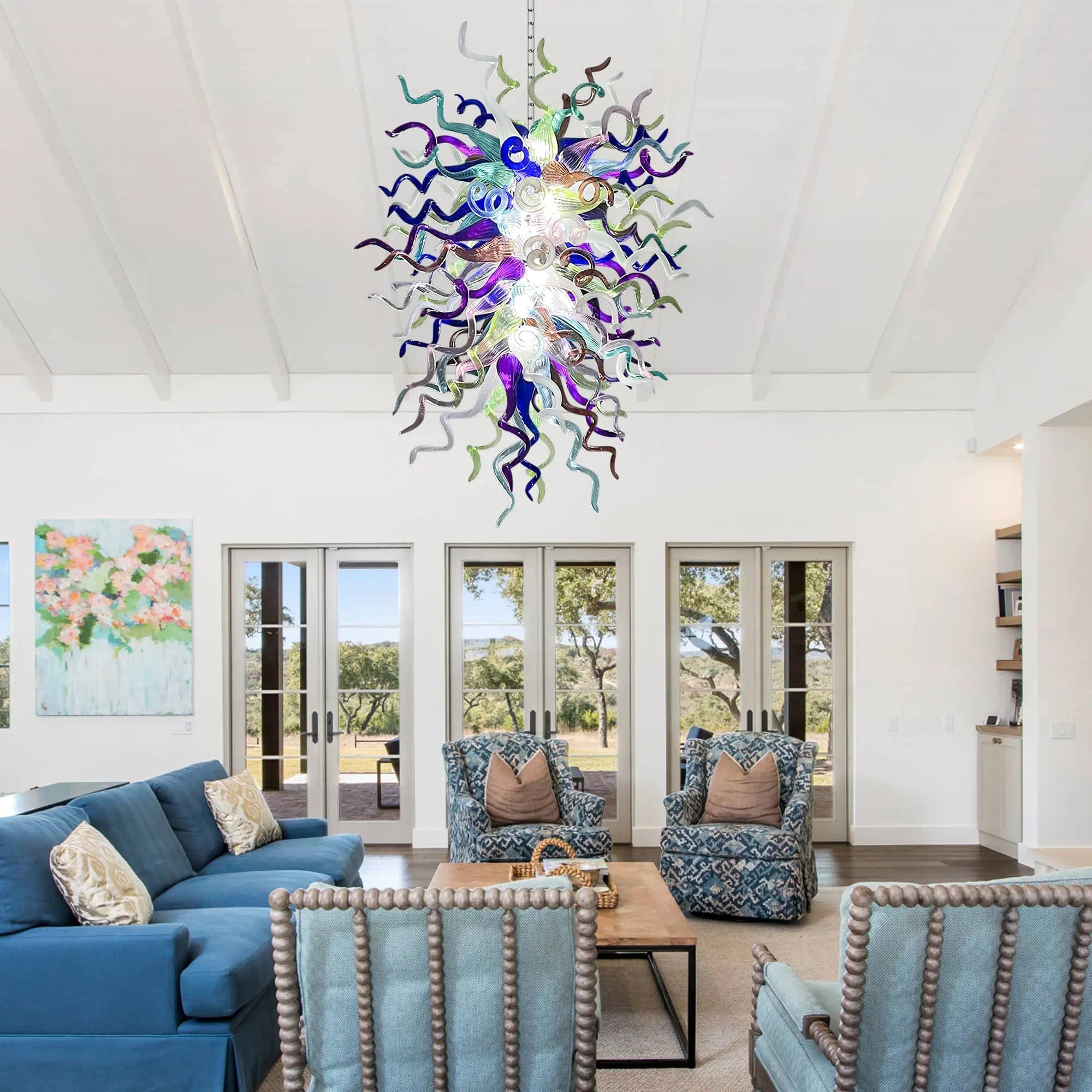 Chihuly Style Blue and Lavender Sculptural Art Blown Glass Chandelier Modern Multi-Tone Pendant Light