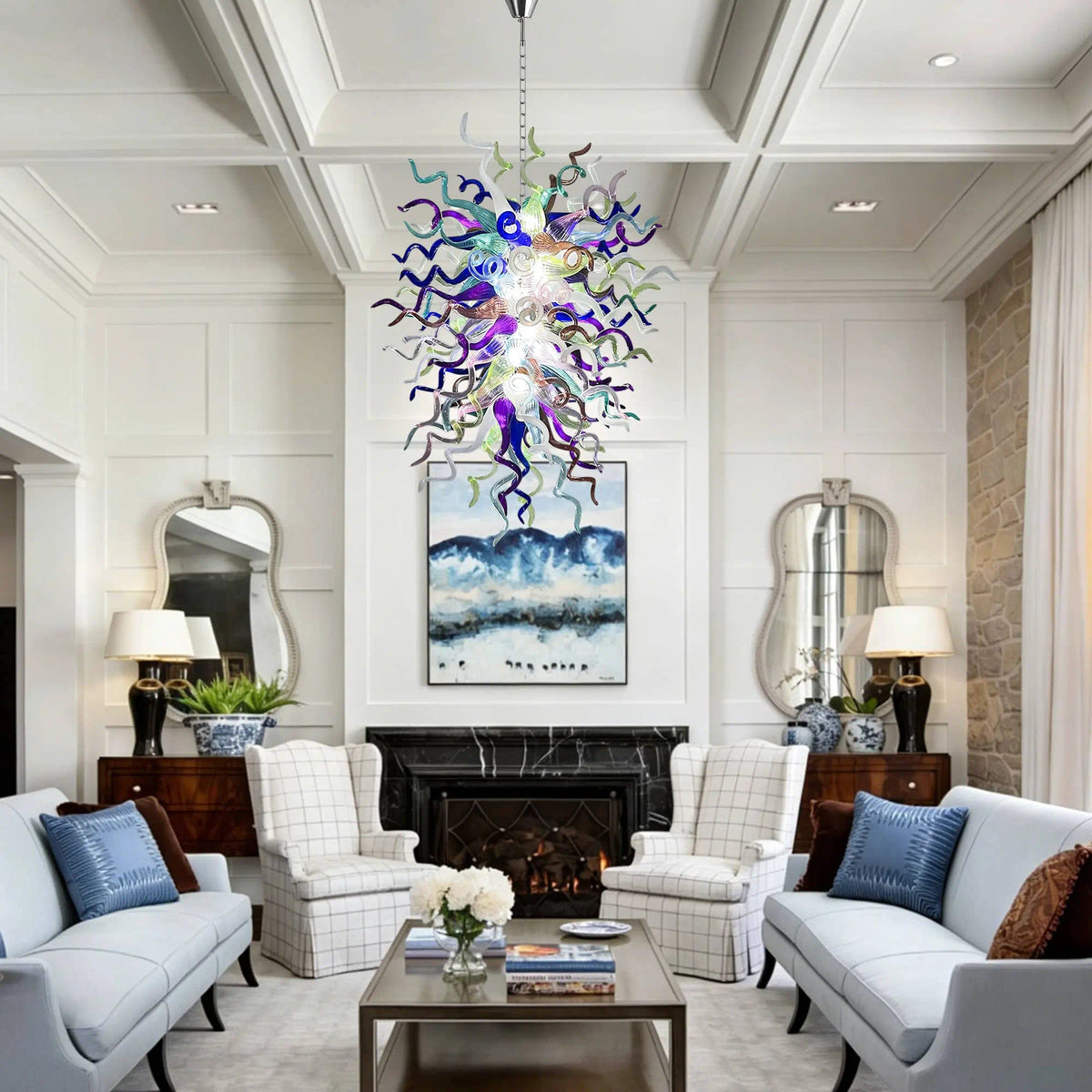 Chihuly Style Blue and Lavender Sculptural Art Blown Glass Chandelier Modern Multi-Tone Pendant Light