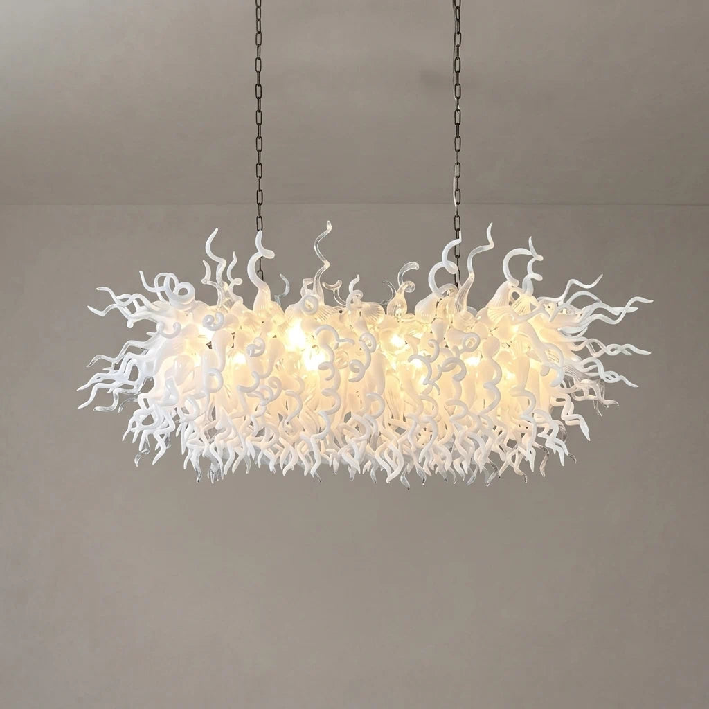 Large White & Clear Hand-Blown Art Glass Chandelier Sculptural Dining Room Kitchen Island Pendant Light