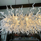 Large White & Clear Hand-Blown Art Glass Chandelier Sculptural Dining Room Kitchen Island Pendant Light