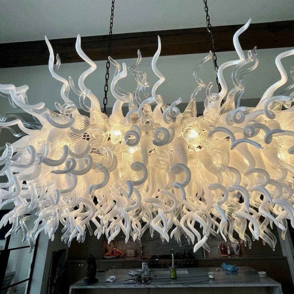 Large White & Clear Hand-Blown Art Glass Chandelier Sculptural Dining Room Kitchen Island Pendant Light