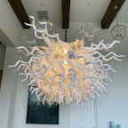 Large White & Clear Hand-Blown Art Glass Chandelier Sculptural Dining Room Kitchen Island Pendant Light