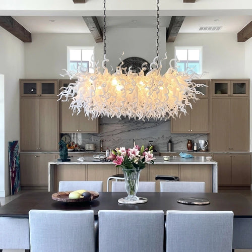Large White & Clear Hand-Blown Art Glass Chandelier Sculptural Dining Room Kitchen Island Pendant Light