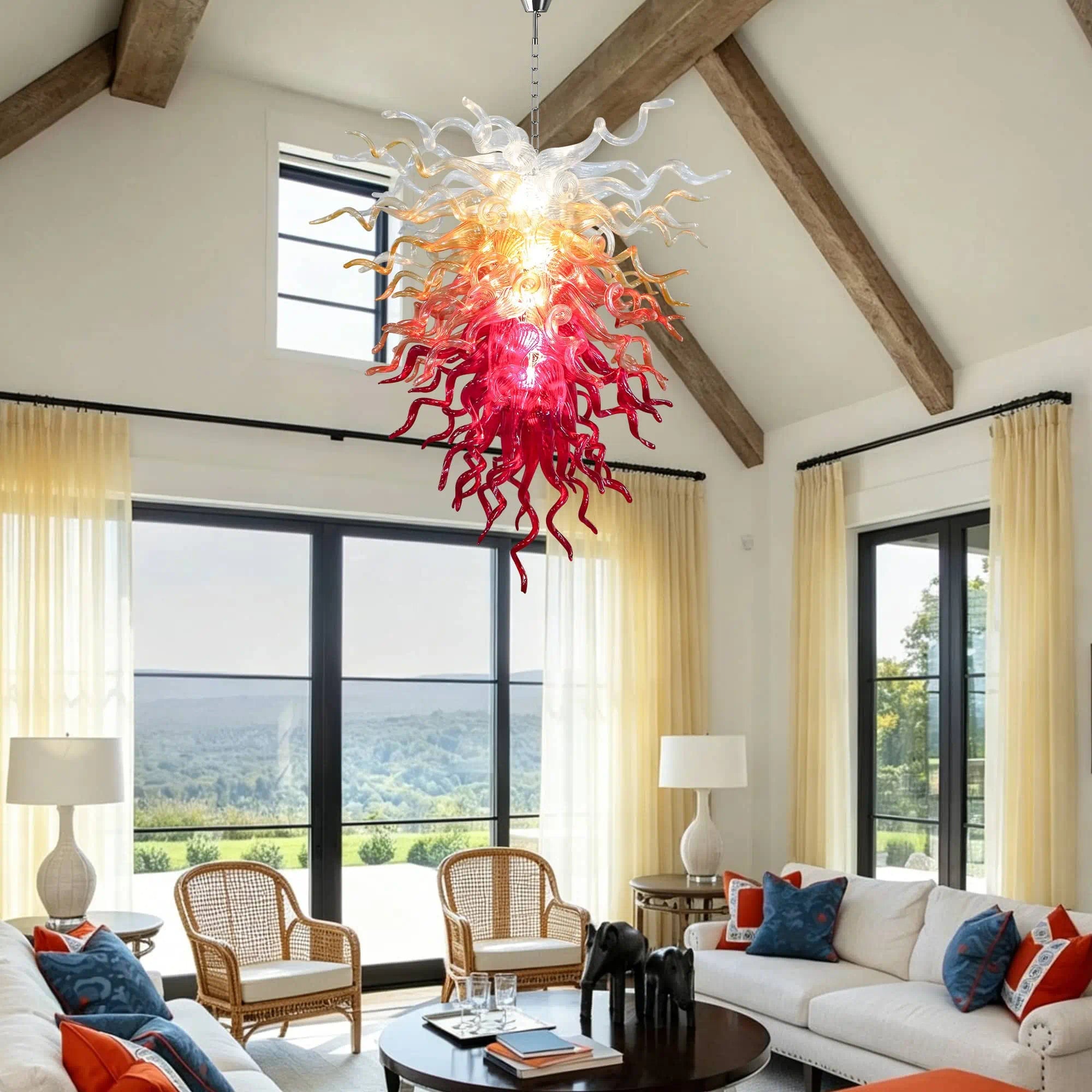 Fire & Frost Hand-Blown Glass Art Chandelier Chihuly Style Ombre Sculptural Glass Pendant Light