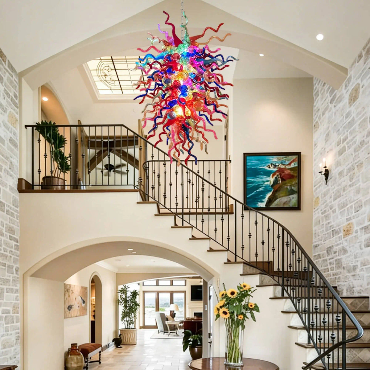 Luxury Kaleidoscope Rainbow Hand-Blown Glass Chandelier Multi-Color Chihuly-Style Sculptural Glass Art Pendant Light