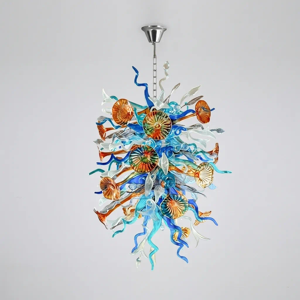 Large Multicolor Artisan Hand-Blown Glass Chandelier Twisted glass with morning glory Sculptural Pendant Light