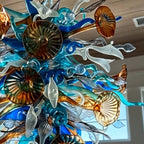 Large Multicolor Artisan Hand-Blown Glass Chandelier Twisted glass with morning glory Sculptural Pendant Light