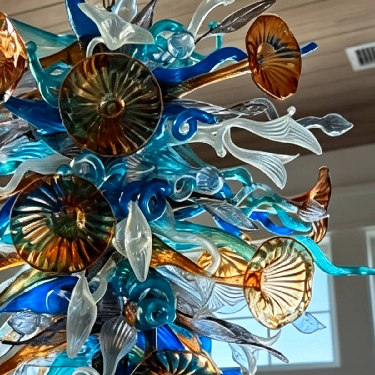 Large Multicolor Artisan Hand-Blown Glass Chandelier Twisted glass with morning glory Sculptural Pendant Light