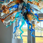 Large Multicolor Artisan Hand-Blown Glass Chandelier Twisted glass with morning glory Sculptural Pendant Light