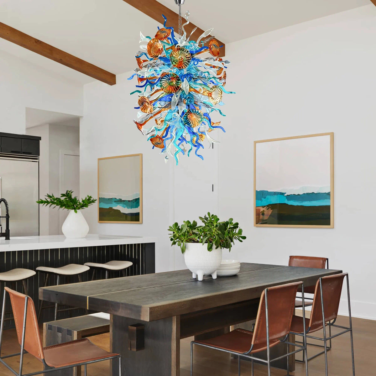 Large Multicolor Artisan Hand-Blown Glass Chandelier Twisted glass with morning glory Sculptural Pendant Light