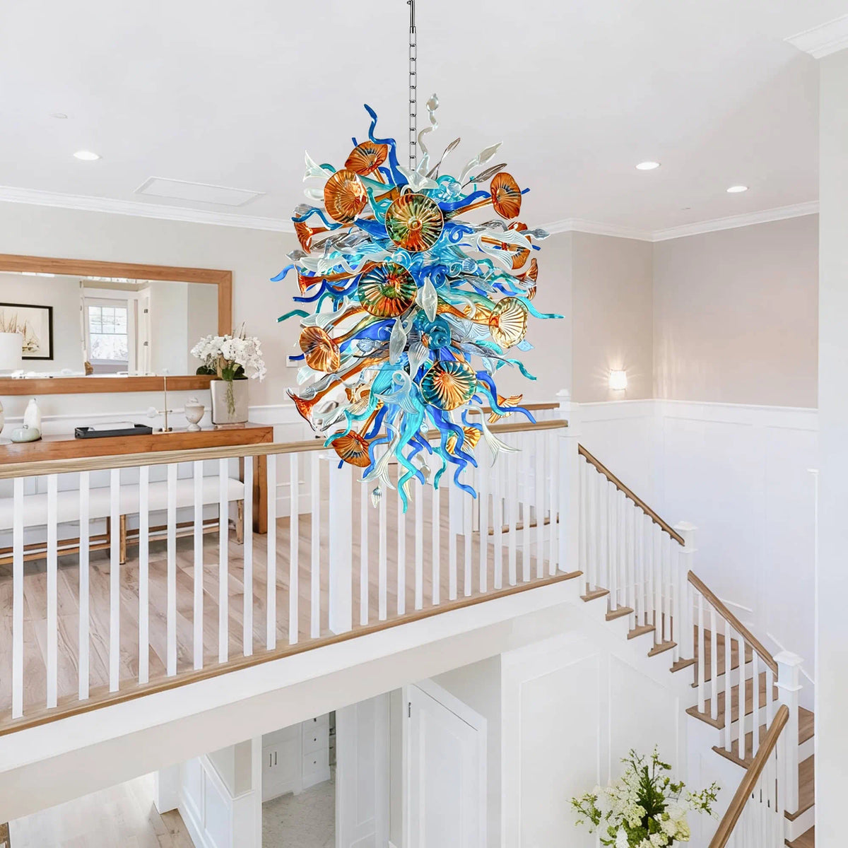 Large Multicolor Artisan Hand-Blown Glass Chandelier Twisted glass with morning glory Sculptural Pendant Light