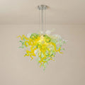 Yellow Green & Clear Blown Glass Chandelier Murano Style Curled Artistic Sculptural Deco Pendant Light
