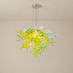 Yellow Green & Clear Blown Glass Chandelier Murano Style Curled Artistic Sculptural Deco Pendant Light