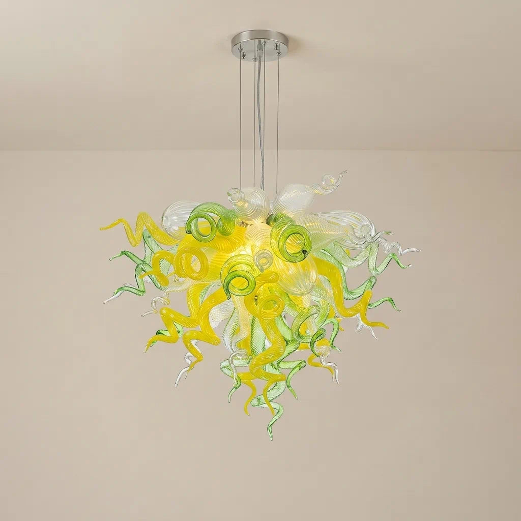 Yellow Green & Clear Blown Glass Chandelier Murano Style Curled Artistic Sculptural Deco Pendant Light