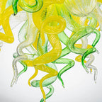 Yellow Green & Clear Blown Glass Chandelier Murano Style Curled Artistic Sculptural Deco Pendant Light