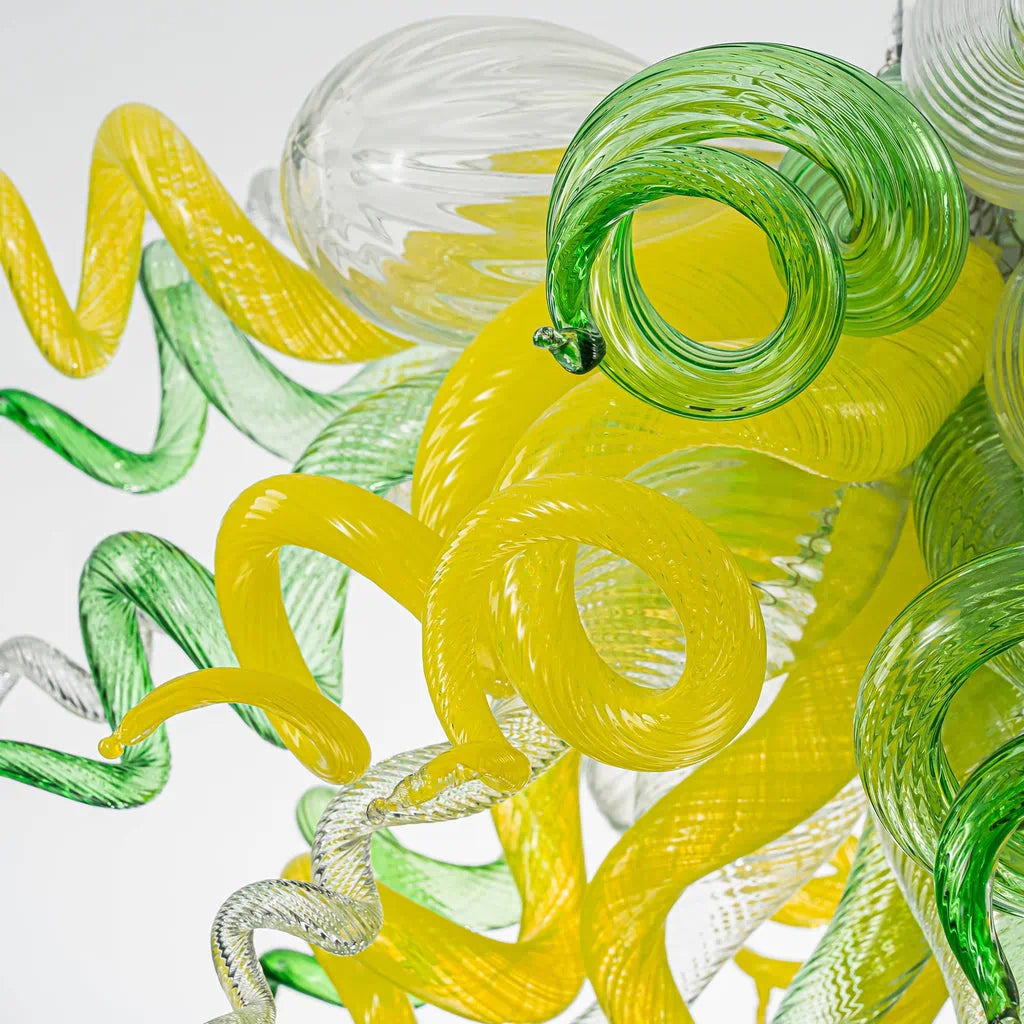 Yellow Green & Clear Blown Glass Chandelier Murano Style Curled Artistic Sculptural Deco Pendant Light