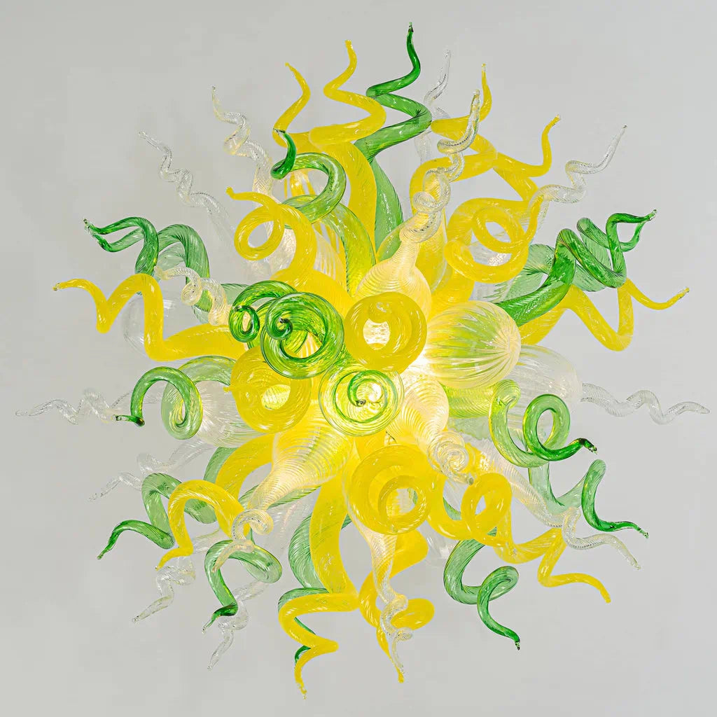 Yellow Green & Clear Blown Glass Chandelier Murano Style Curled Artistic Sculptural Deco Pendant Light